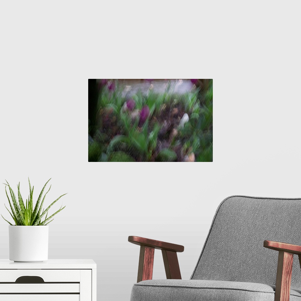 A modern room featuring Impressionist photograph of a garden with intentional movement.