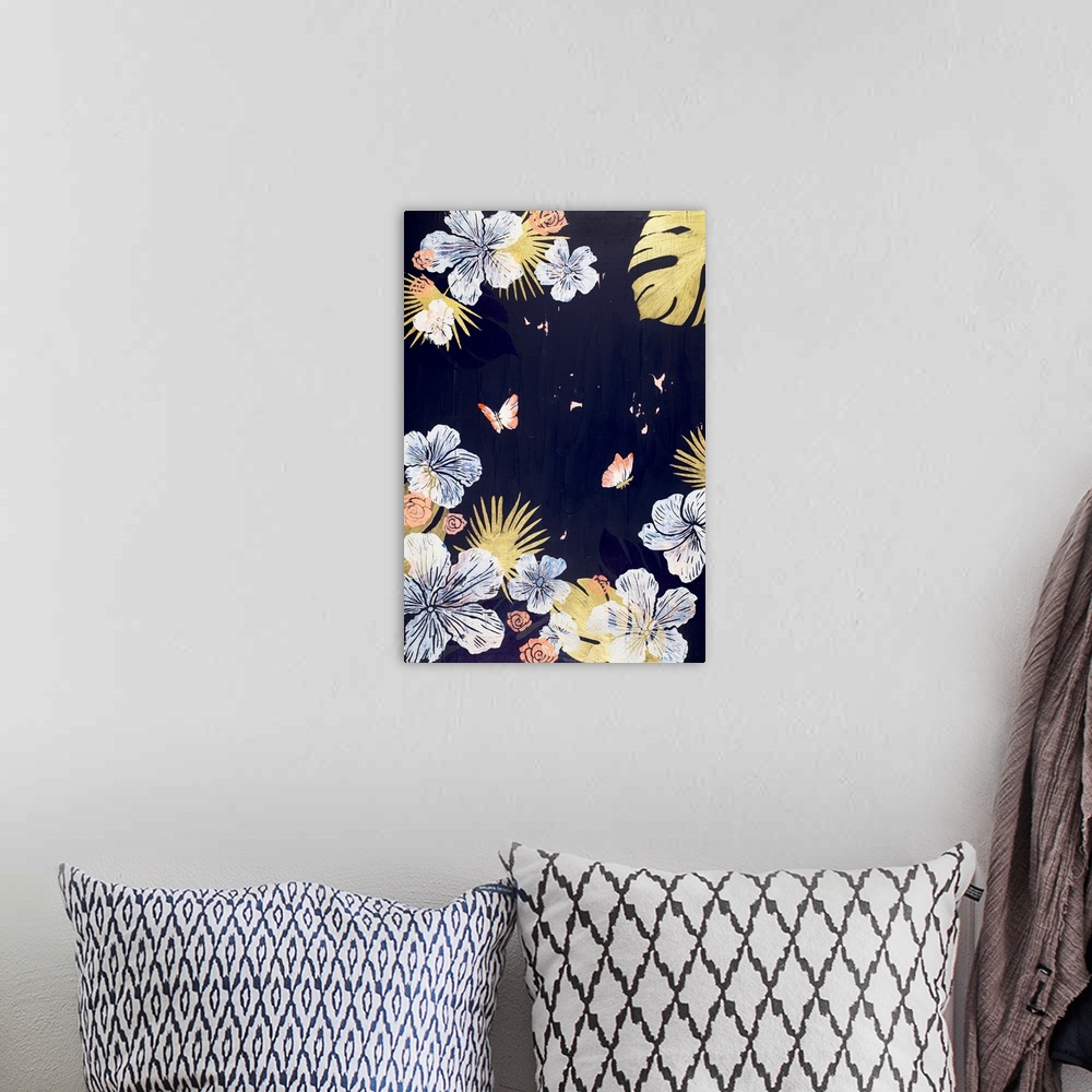 A bohemian room featuring Painting of two tangerine butterflies in garden of hibiscus with navy background.