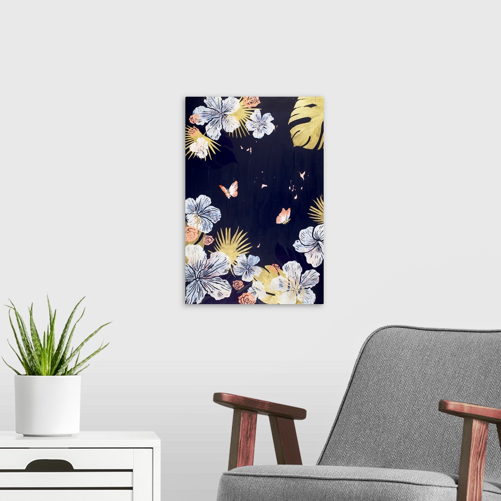 A modern room featuring Painting of two tangerine butterflies in garden of hibiscus with navy background.