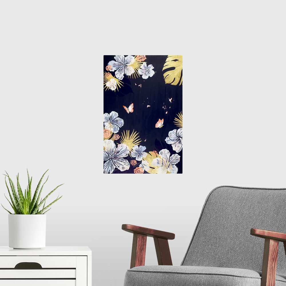 A modern room featuring Painting of two tangerine butterflies in garden of hibiscus with navy background.
