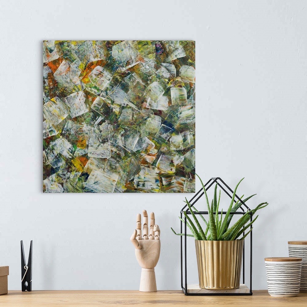 A bohemian room featuring Painting on canvas of organic blend of shapes and form.