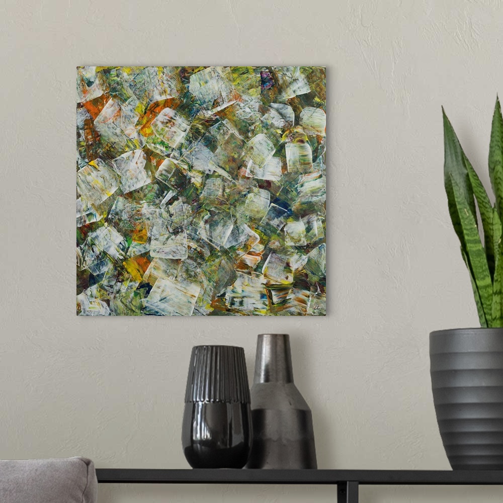 A modern room featuring Painting on canvas of organic blend of shapes and form.