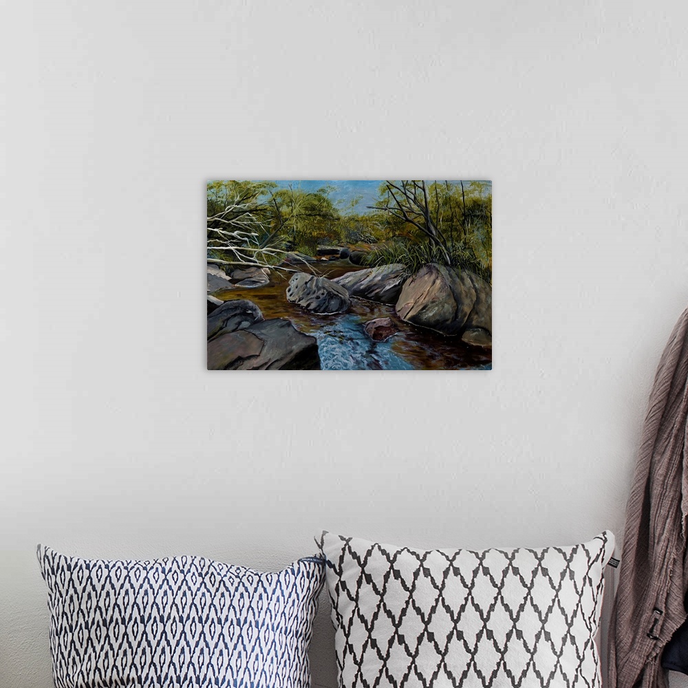 A bohemian room featuring Painting of the Georges river in spring, showing the beautiful deep colors of the water flow and ...
