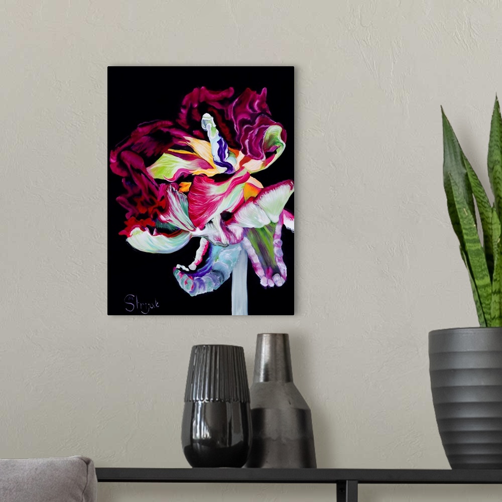 A modern room featuring Red parrot tulips are intricate, delicate, and beautiful flowers. In this painting, the black bac...