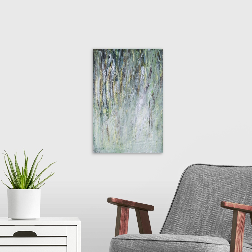 A modern room featuring Painting on paper of an interpretation of Australian ghost gums.