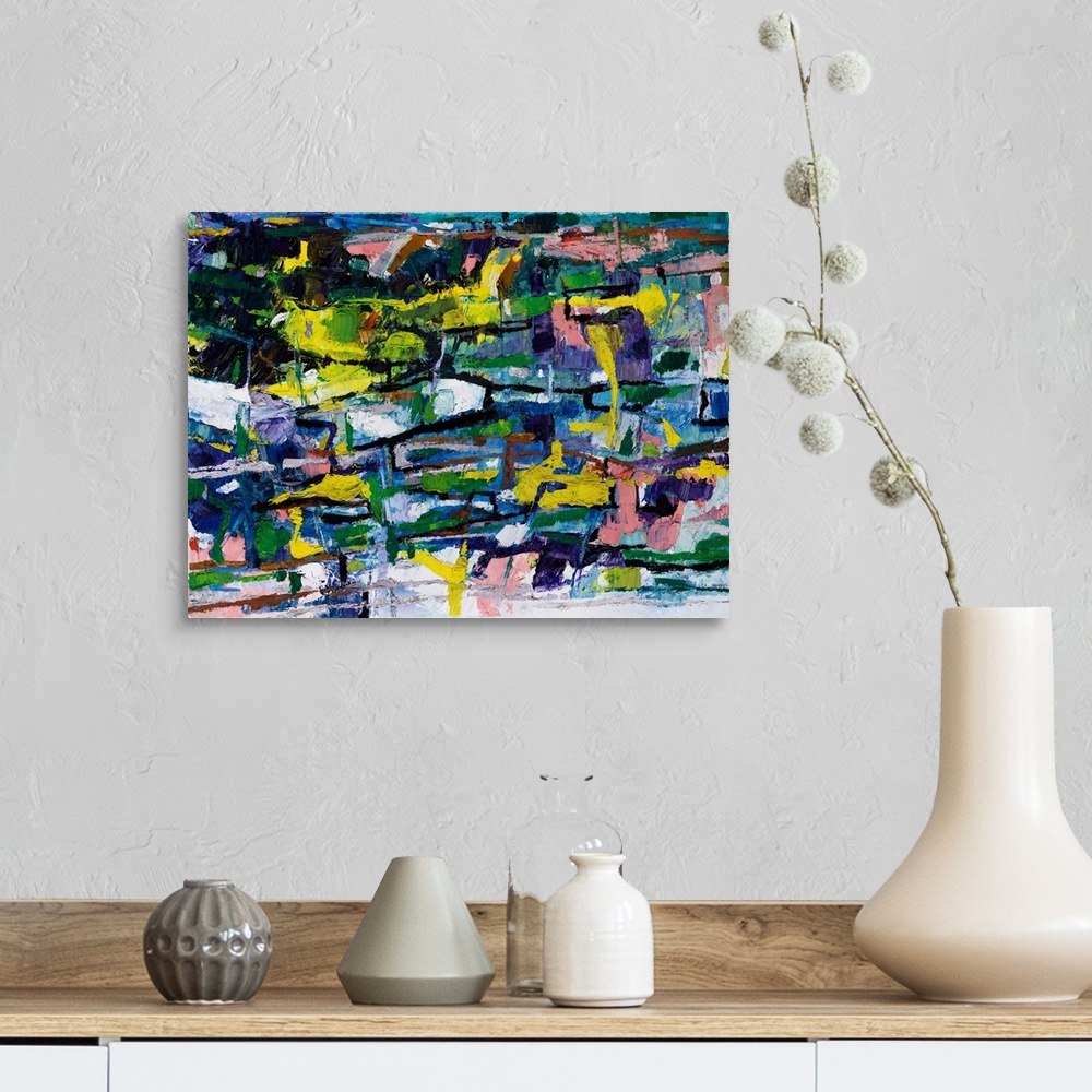 A farmhouse room featuring An abstract painting of a play of tonal variations and forms coupled voids.