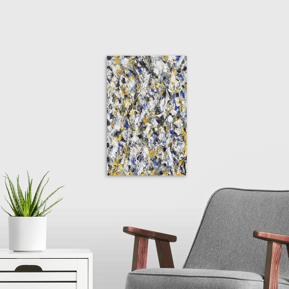 A modern room featuring Painting on paper of a medley organic shapes framed in blue and gold.