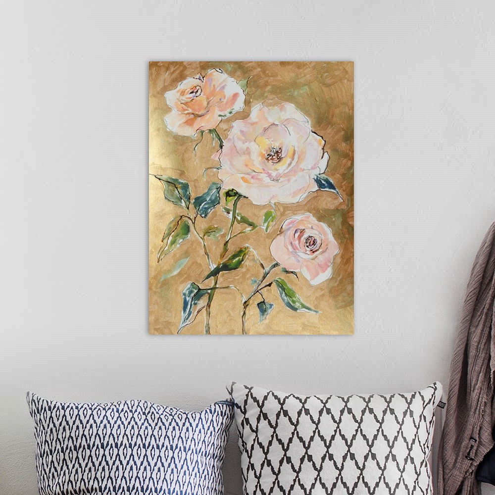 A bohemian room featuring Traditional but loose mixed media apricot roses on gold background.