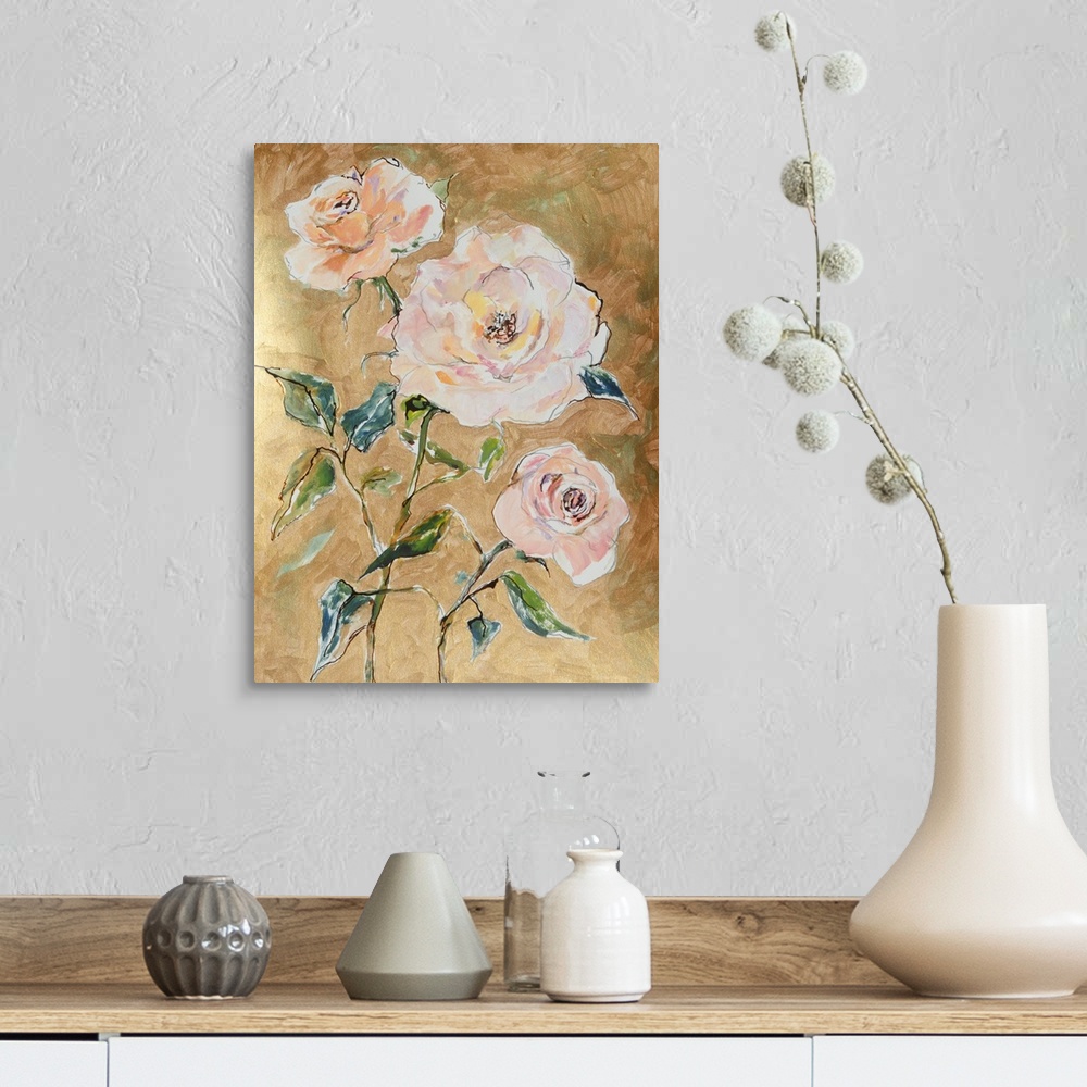 A farmhouse room featuring Traditional but loose mixed media apricot roses on gold background.