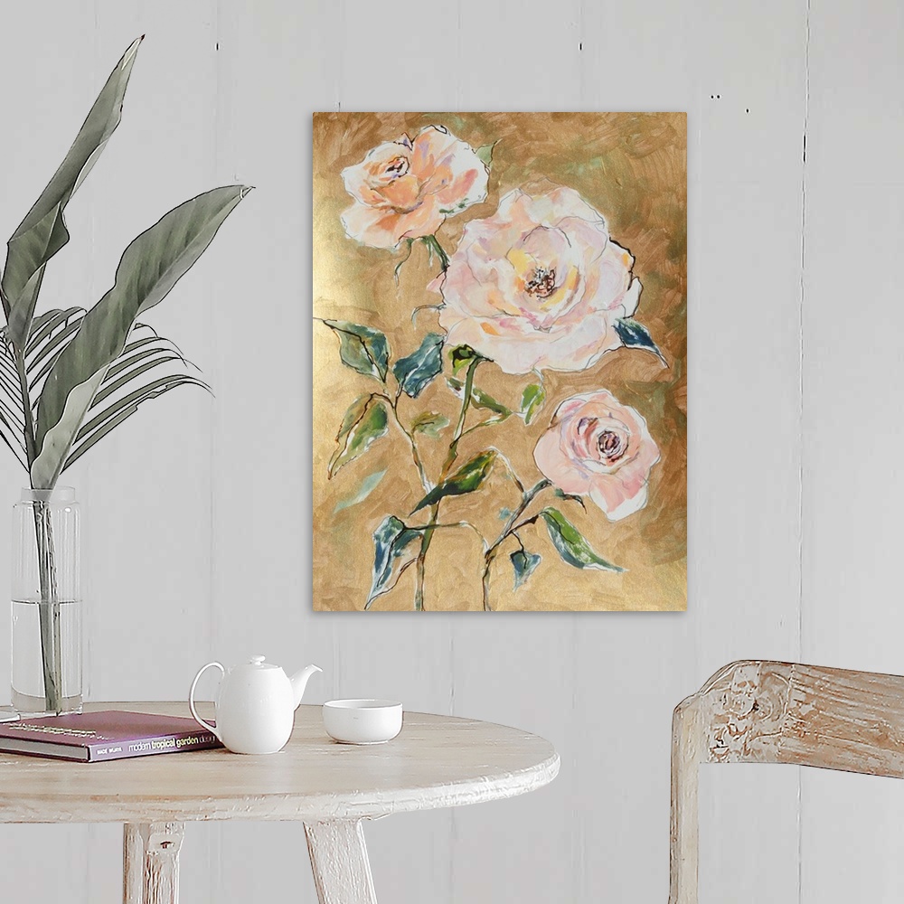 A farmhouse room featuring Traditional but loose mixed media apricot roses on gold background.