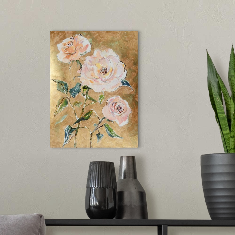 A modern room featuring Traditional but loose mixed media apricot roses on gold background.
