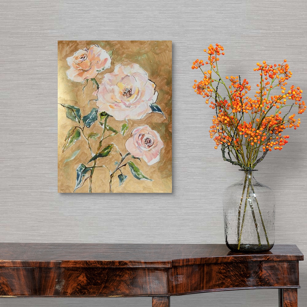 A traditional room featuring Traditional but loose mixed media apricot roses on gold background.