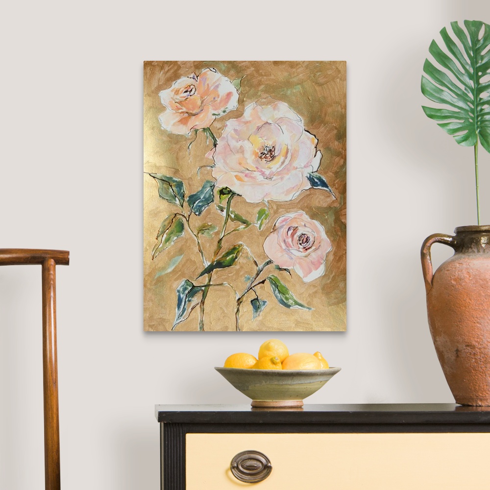 A traditional room featuring Traditional but loose mixed media apricot roses on gold background.