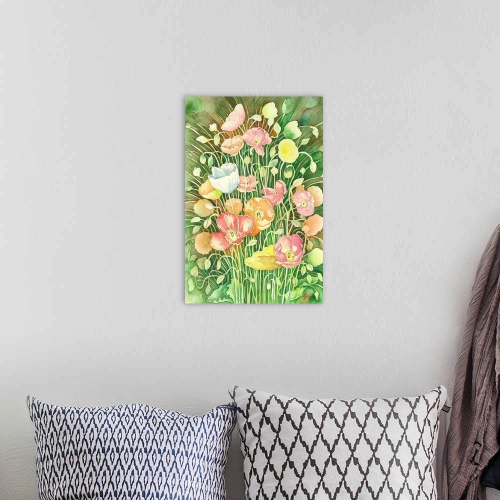 A bohemian room featuring Colorfully created the bunch of poppy flowers on the fresh green background in watercolor on paper.