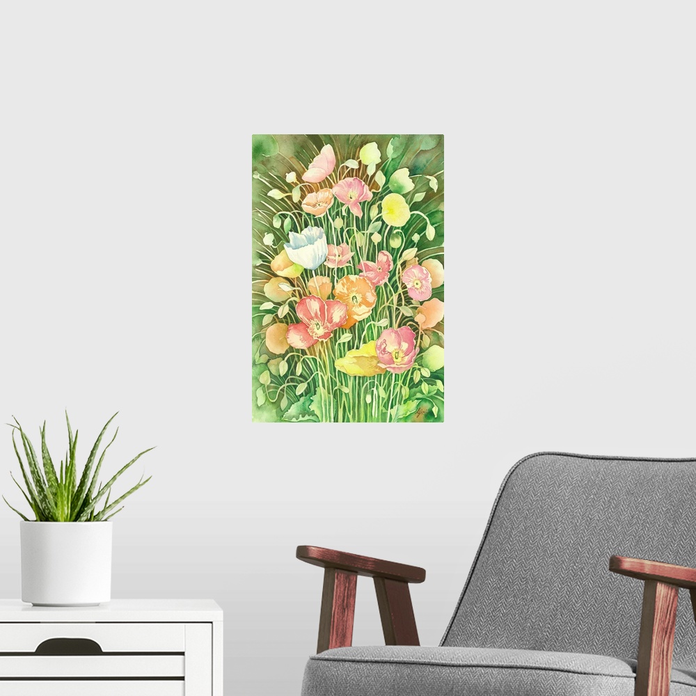 A modern room featuring Colorfully created the bunch of poppy flowers on the fresh green background in watercolor on paper.