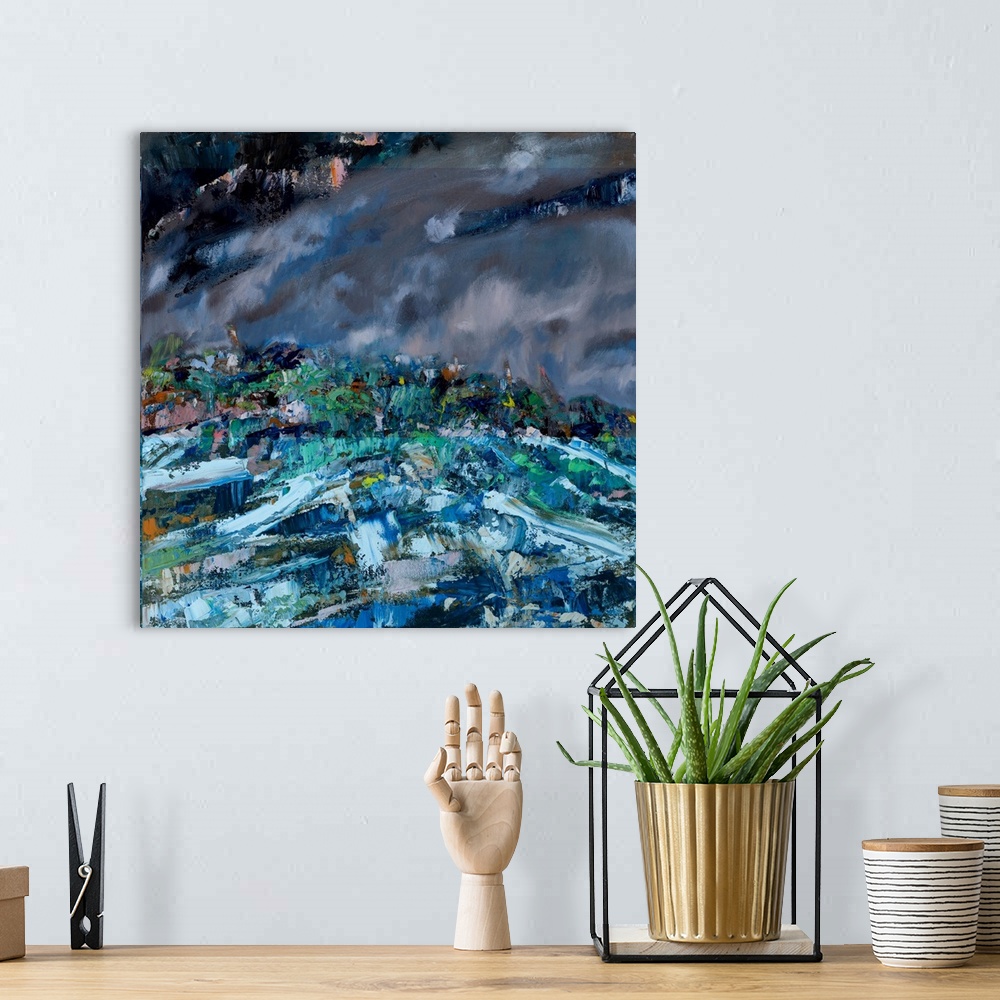 A bohemian room featuring An abstract painting of a shared walk by the coast line on a grey and windy day.