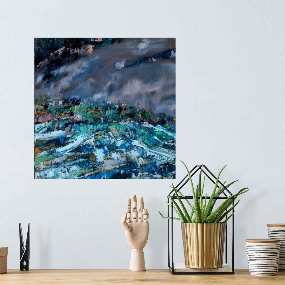 A bohemian room featuring An abstract painting of a shared walk by the coast line on a grey and windy day.