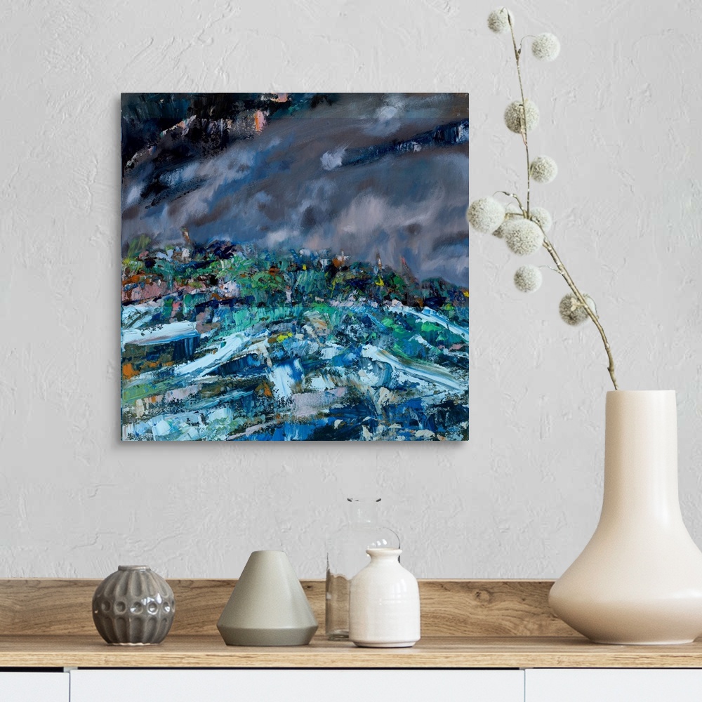 A farmhouse room featuring An abstract painting of a shared walk by the coast line on a grey and windy day.