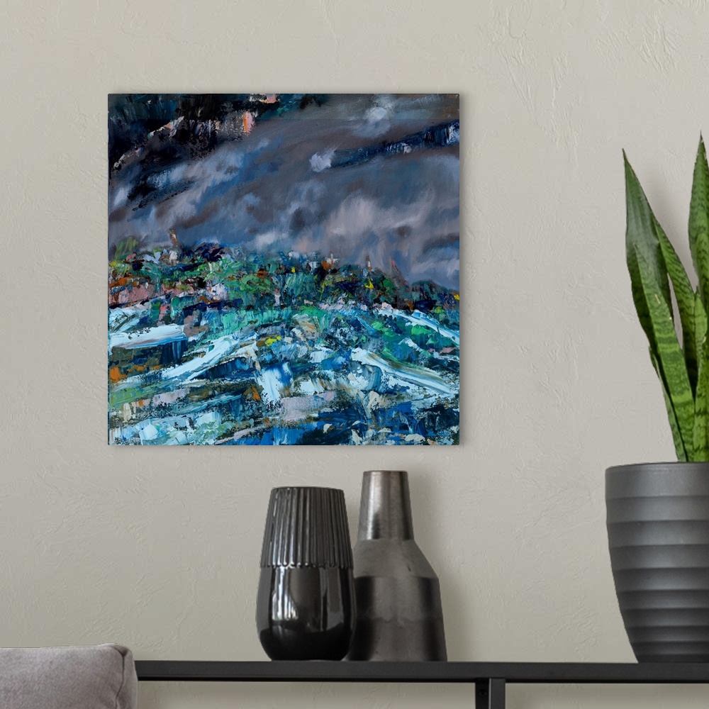 A modern room featuring An abstract painting of a shared walk by the coast line on a grey and windy day.