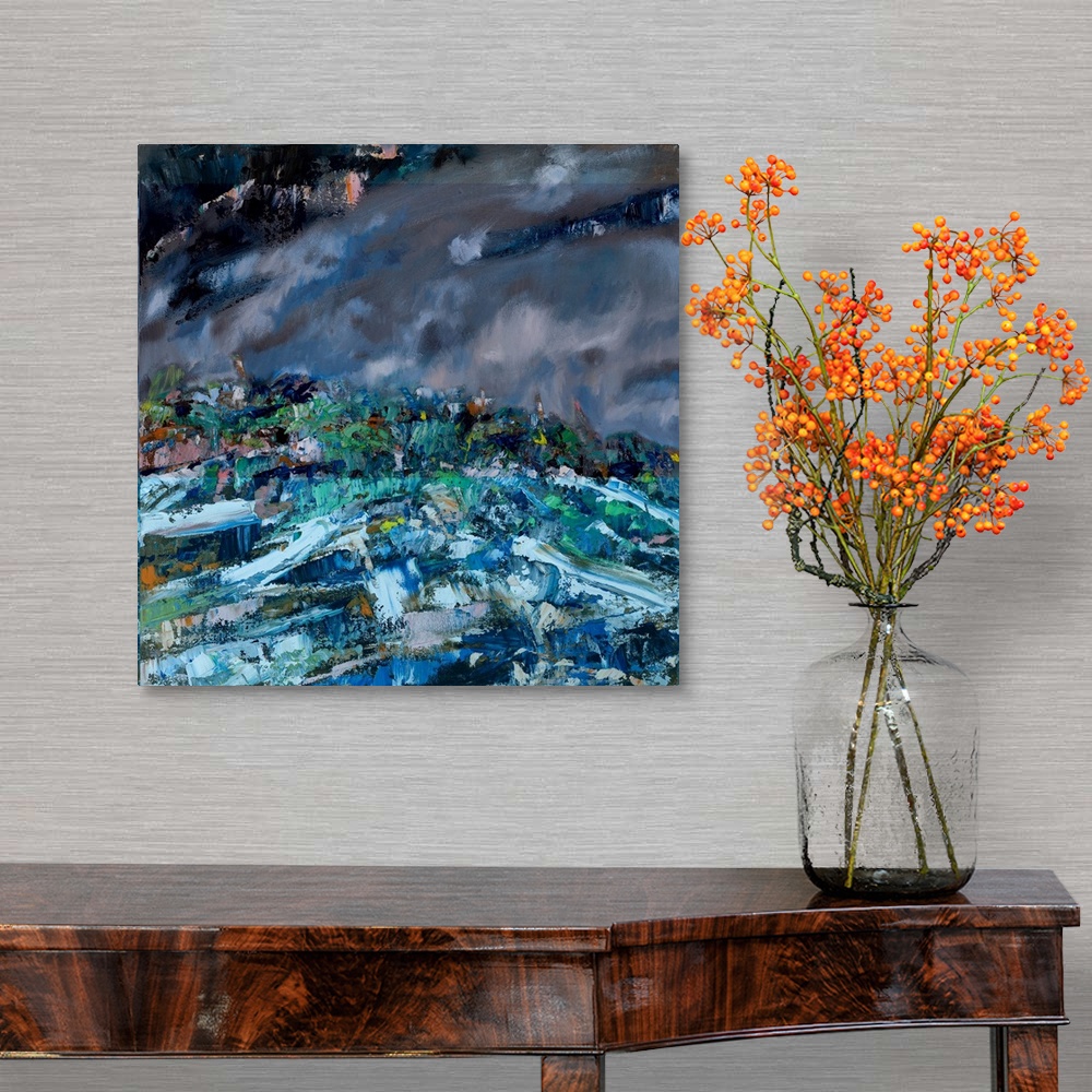 A traditional room featuring An abstract painting of a shared walk by the coast line on a grey and windy day.