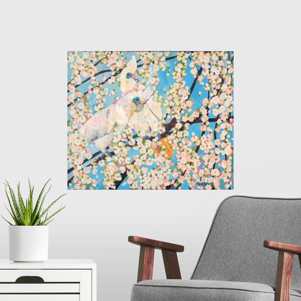 A modern room featuring Impressionist painting of two white cockatoos sitting in a tree with white blossom and a backgrou...