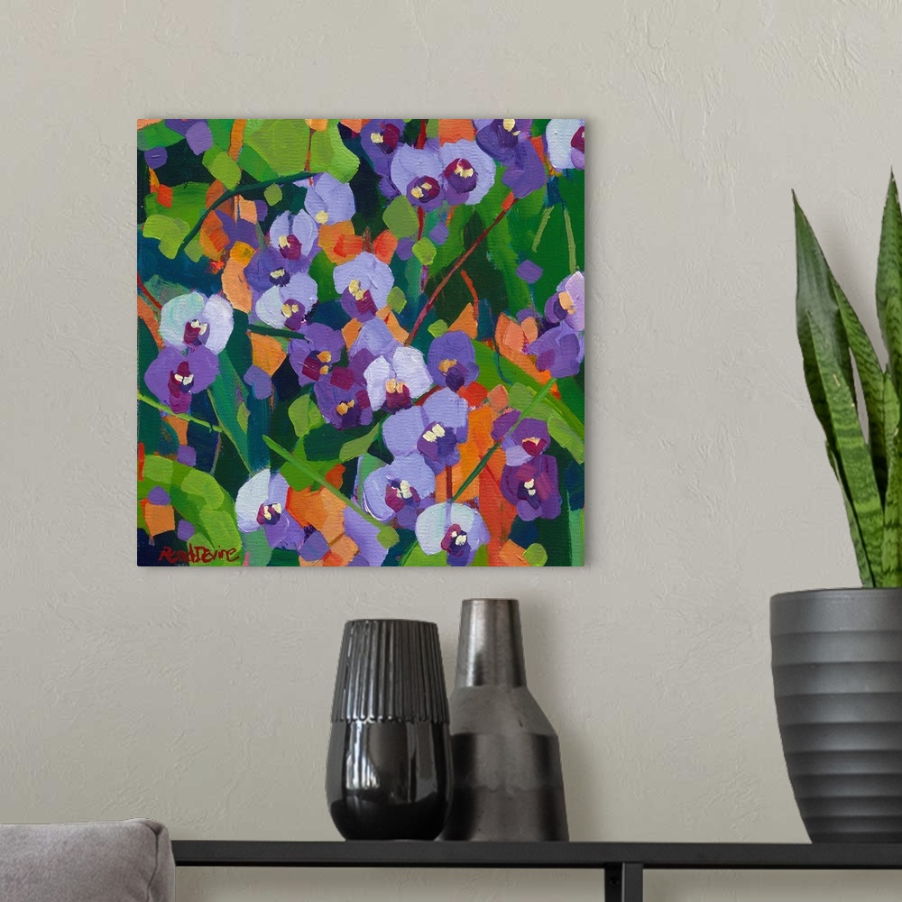 A modern room featuring Pattern like painting of purple wildflowers with orange background.