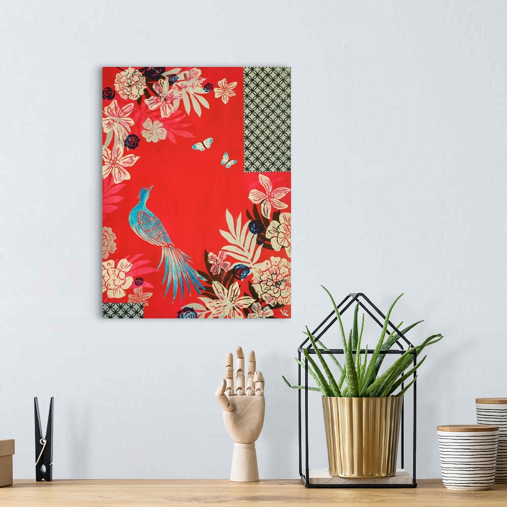 A bohemian room featuring Painting of pheasant and two butterflies in peony garden, with screens and red background.