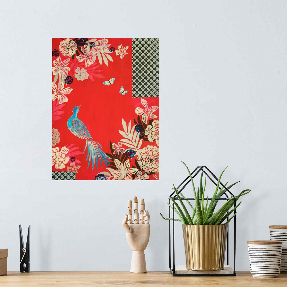 A bohemian room featuring Painting of pheasant and two butterflies in peony garden, with screens and red background.