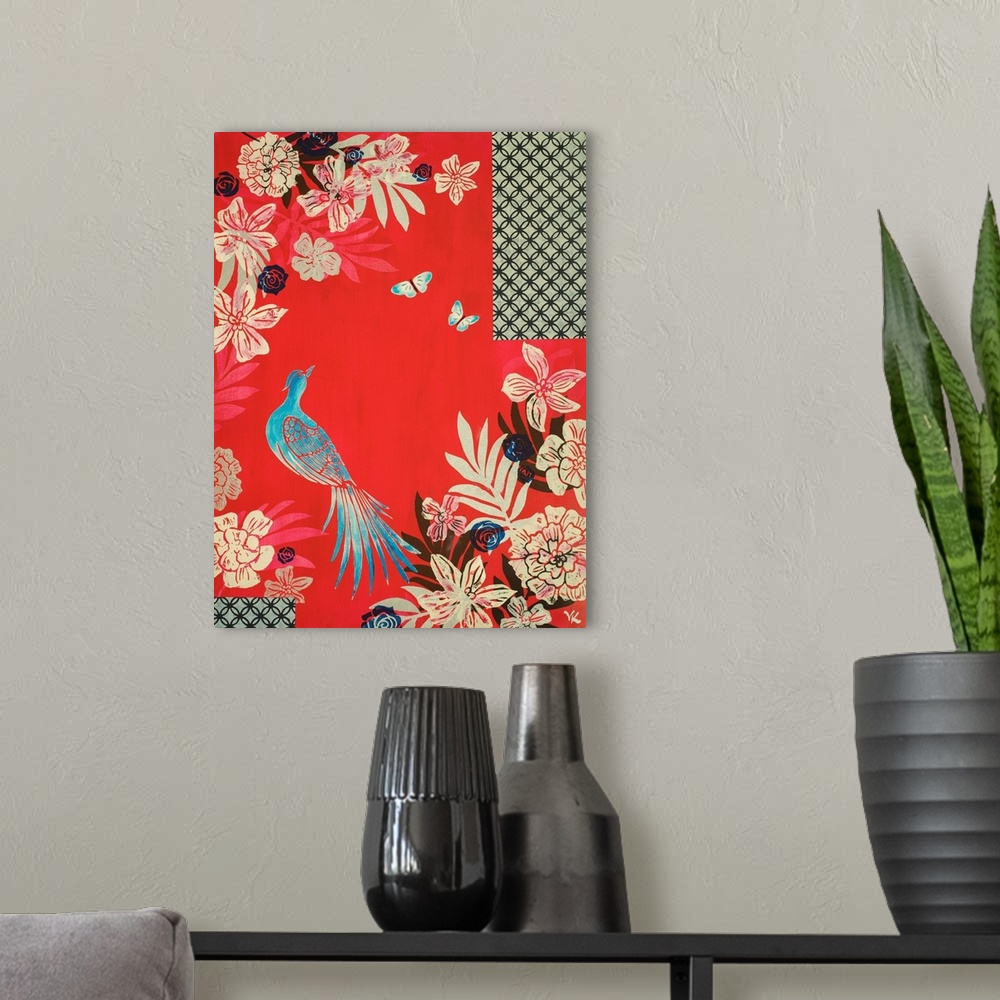 A modern room featuring Painting of pheasant and two butterflies in peony garden, with screens and red background.