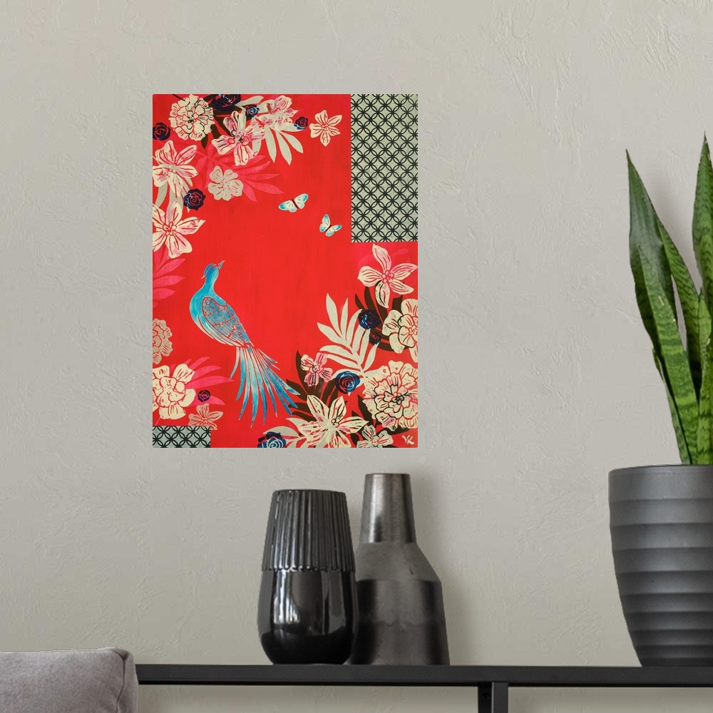 A modern room featuring Painting of pheasant and two butterflies in peony garden, with screens and red background.