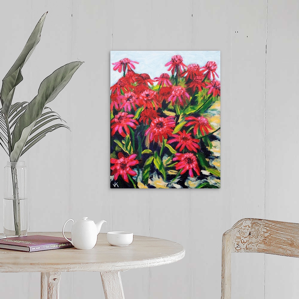 A farmhouse room featuring Painting of red heleniums.