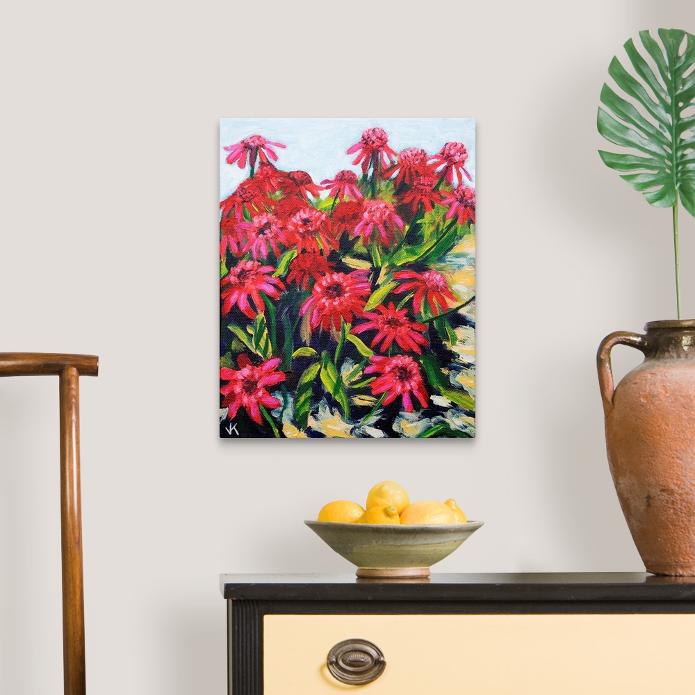 A traditional room featuring Painting of red heleniums.