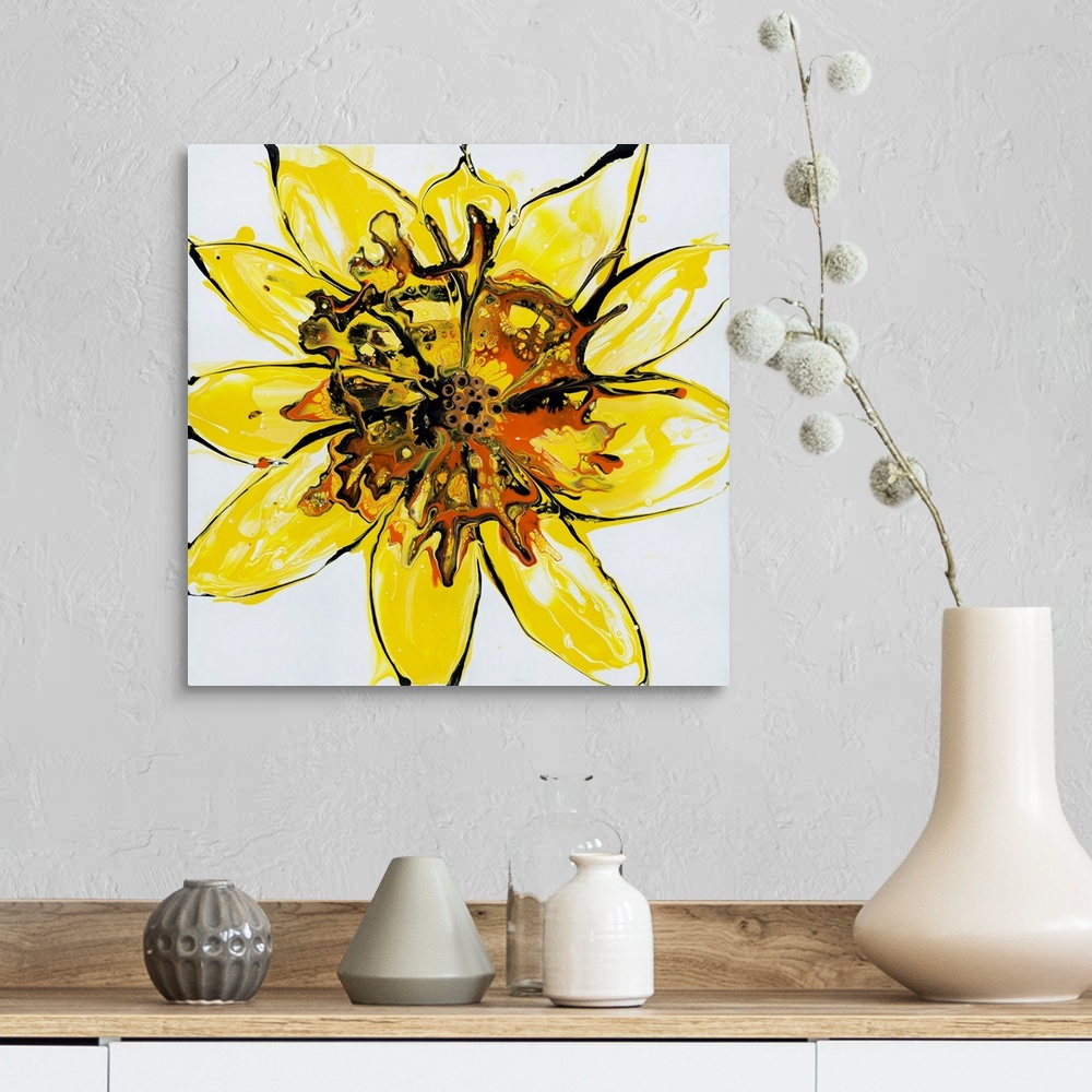 A farmhouse room featuring Pour painting of a flower with hot lava at its core, spilling orange and black colors onto the li...