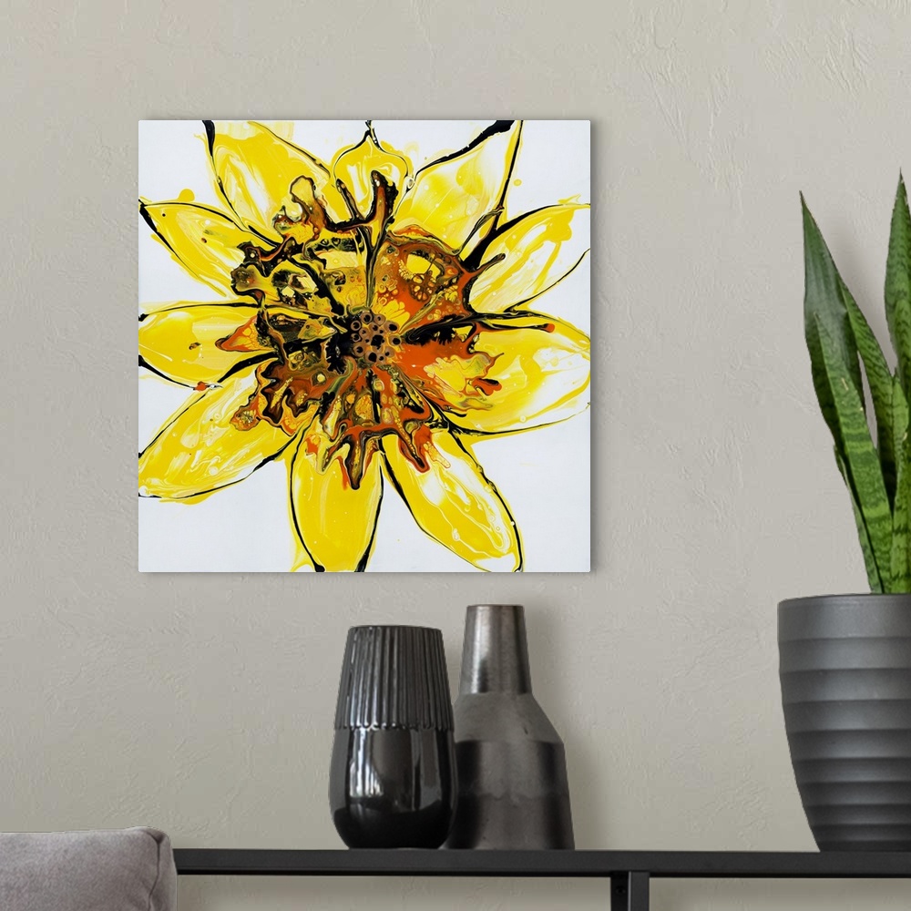 A modern room featuring Pour painting of a flower with hot lava at its core, spilling orange and black colors onto the li...
