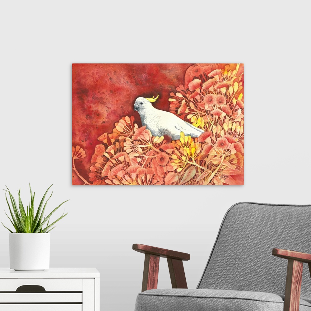 A modern room featuring A smart cockatoo bird painted on the red hot floral background in watercolor on paper.
