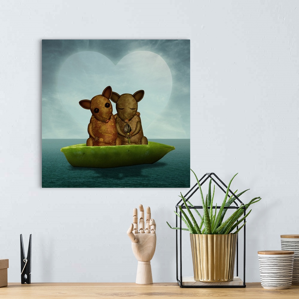 A bohemian room featuring Two cute mice in a boat on the ocean, in love with each other and enjoying being together.