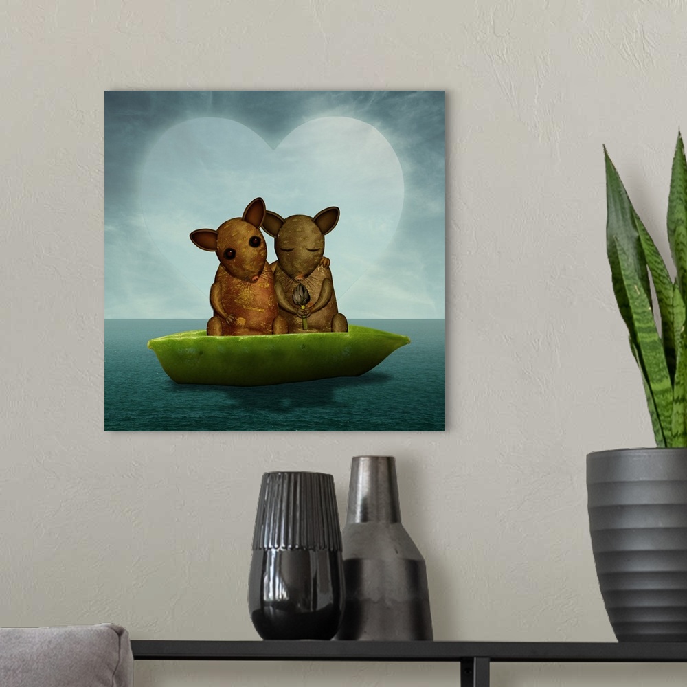A modern room featuring Two cute mice in a boat on the ocean, in love with each other and enjoying being together.