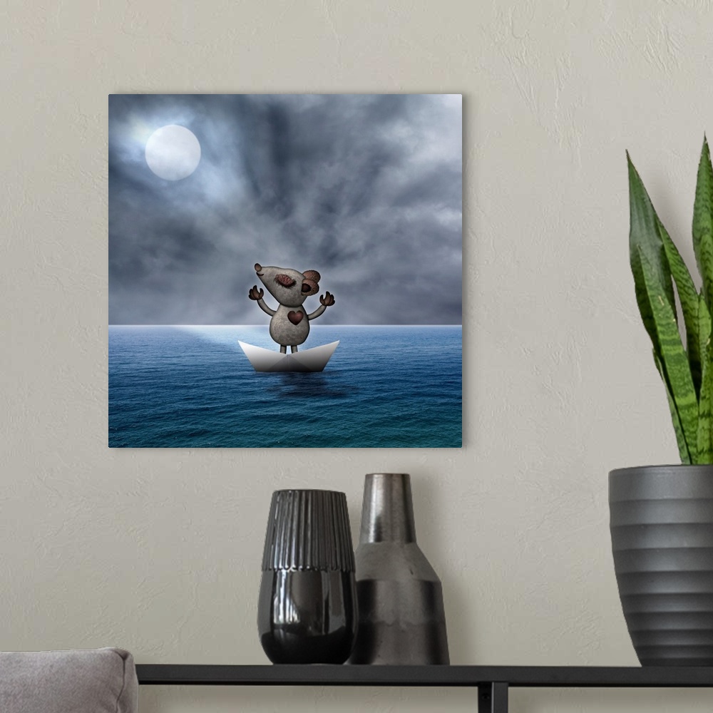 A modern room featuring Cute mouse in a paper boat in a large ocean declaring how amazing and awesome he is to the world.