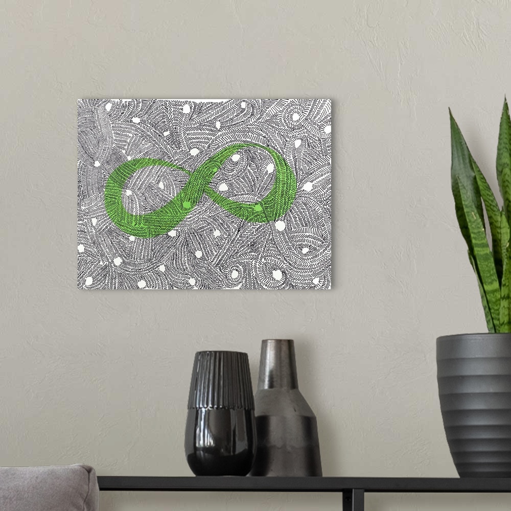 A modern room featuring A green infinity symbol burried in a sea of abstract patterns.