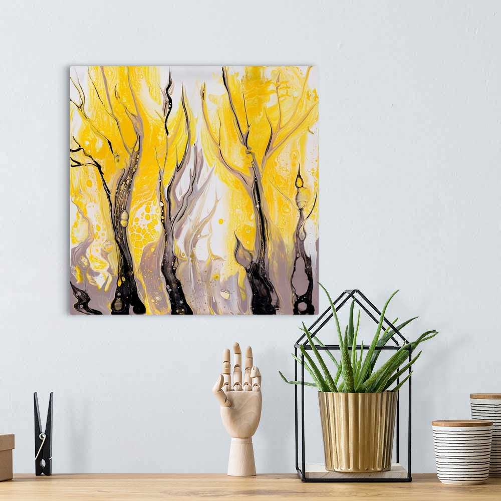 A bohemian room featuring Pour painting of the wattle grove with dense clusters of fluffy yellow flowers on the delicate br...