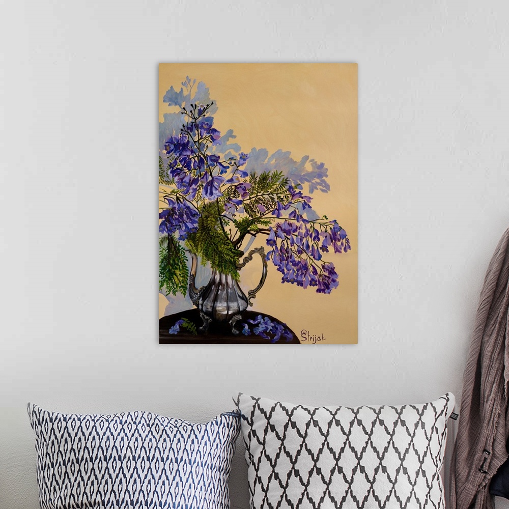 A bohemian room featuring Painting of a jacaranda tree with the petite flowers in purple color of varying tints and green f...