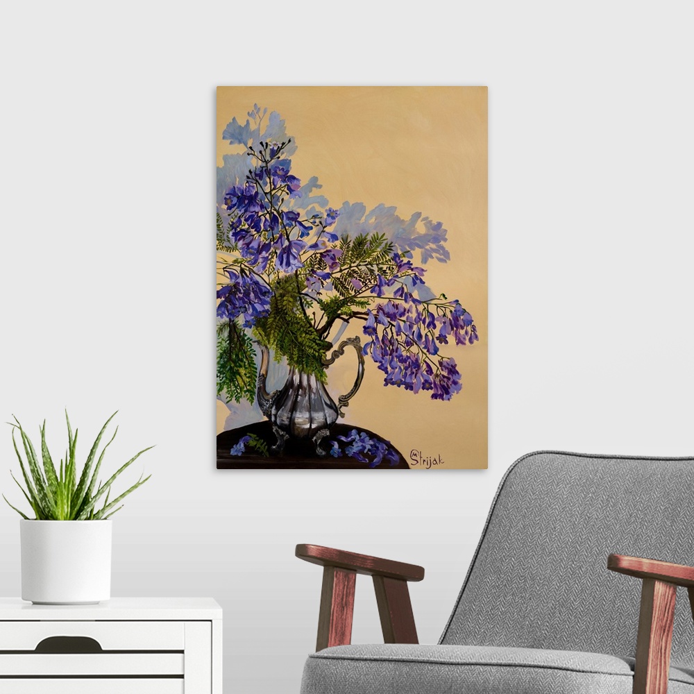 A modern room featuring Painting of a jacaranda tree with the petite flowers in purple color of varying tints and green f...