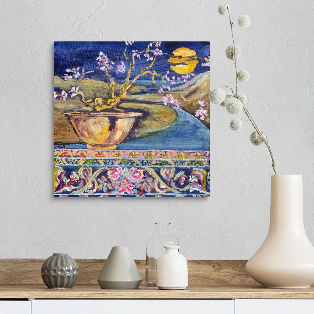 A farmhouse room featuring Japanese inspired landscape with view of moon, a river with bonsai in bowl, and a Persian carpet ...
