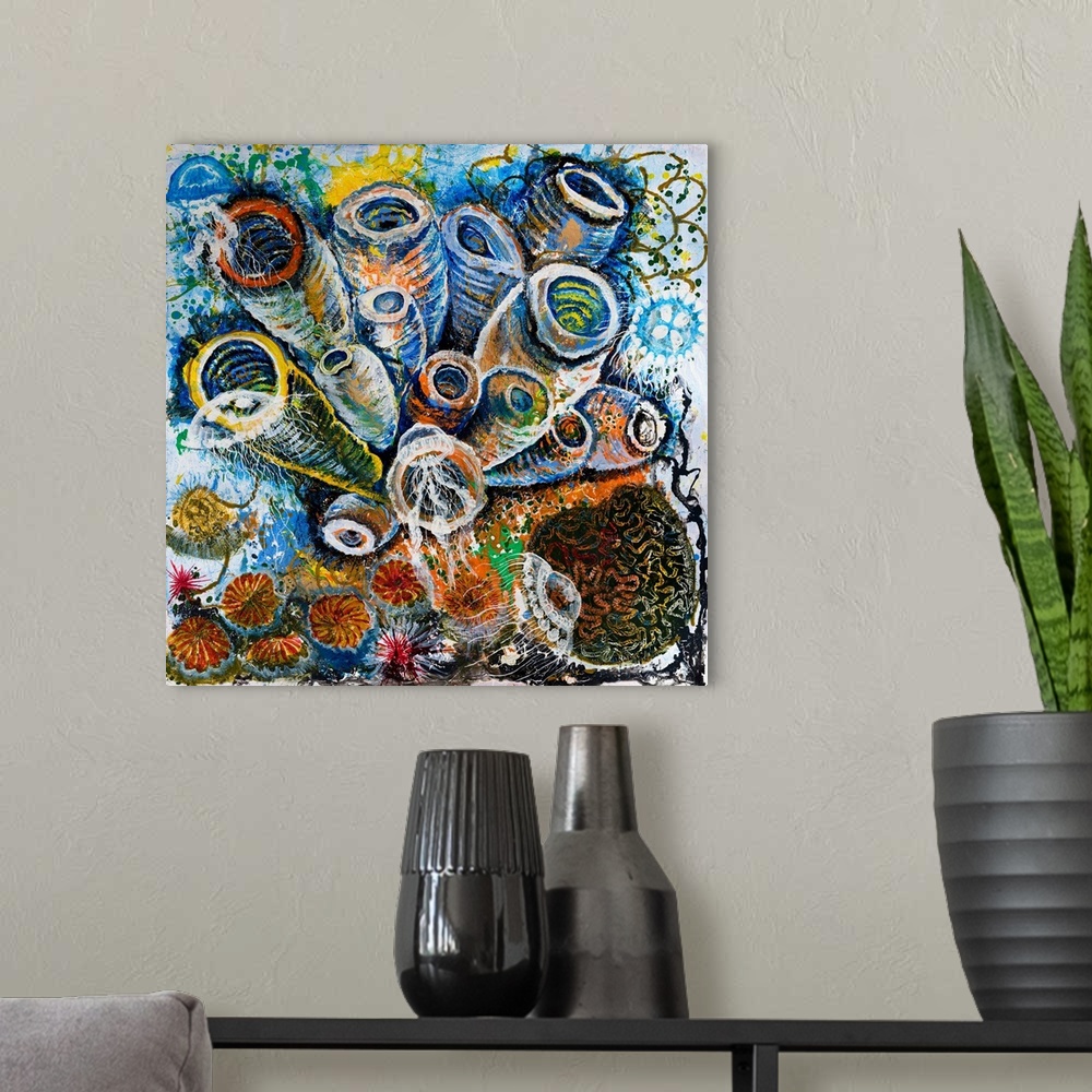 A modern room featuring Painting of a colony of clear jellyfish drifting around a bouquet of corals in saturated color.