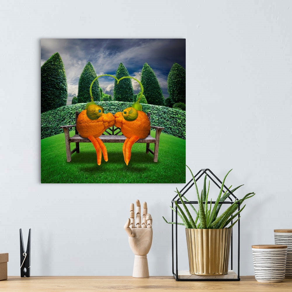 A bohemian room featuring Two orange creatures made from mandarins kissing in the park.