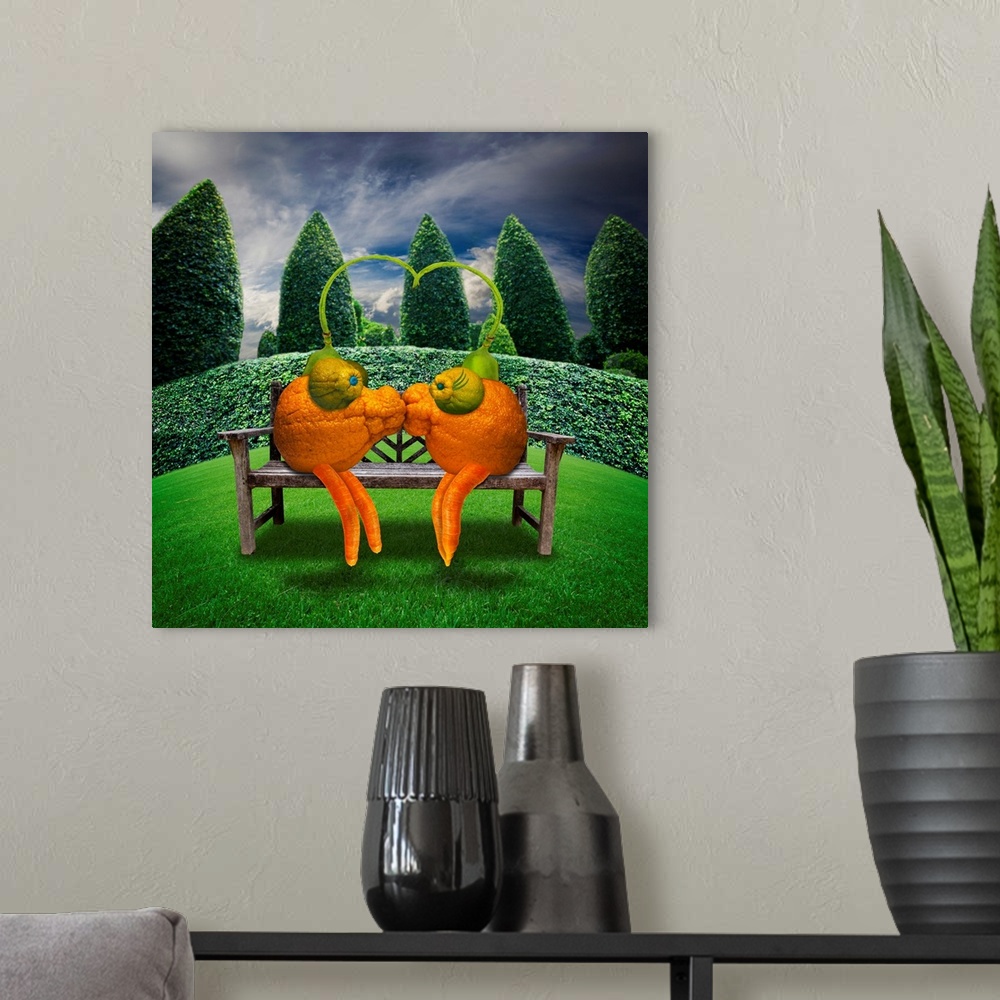 A modern room featuring Two orange creatures made from mandarins kissing in the park.