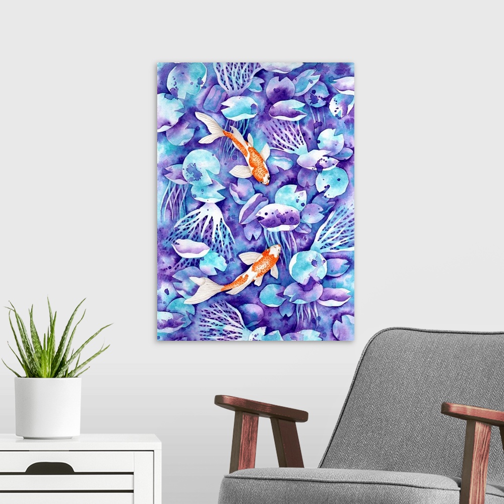 A modern room featuring Two little orange koi fish are painted on watery blue and purple background in watercolor on paper.