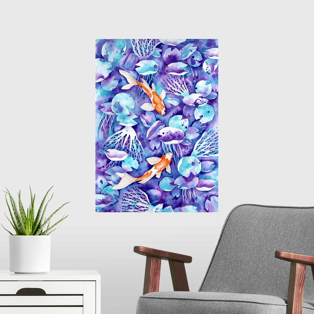 A modern room featuring Two little orange koi fish are painted on watery blue and purple background in watercolor on paper.
