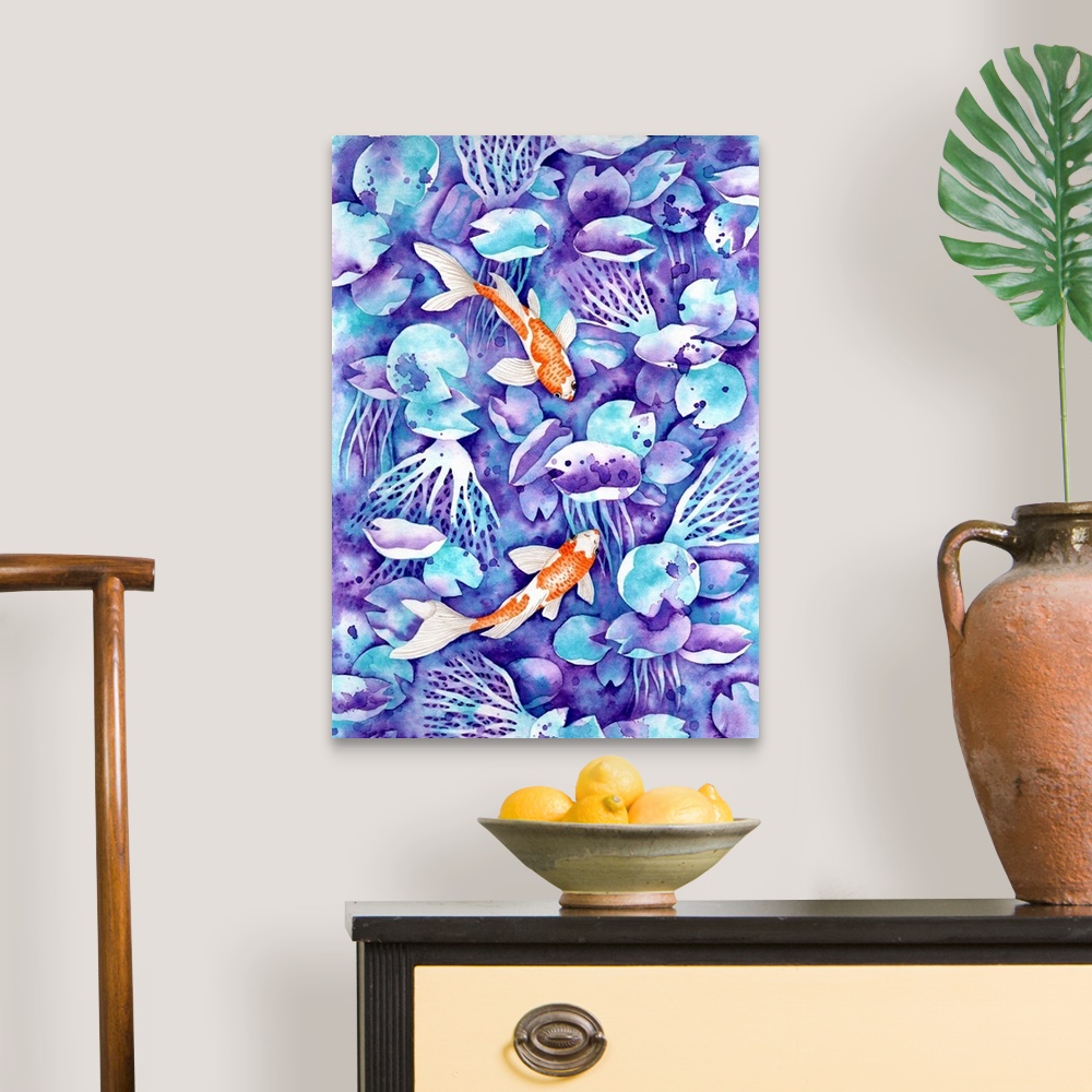 A traditional room featuring Two little orange koi fish are painted on watery blue and purple background in watercolor on paper.