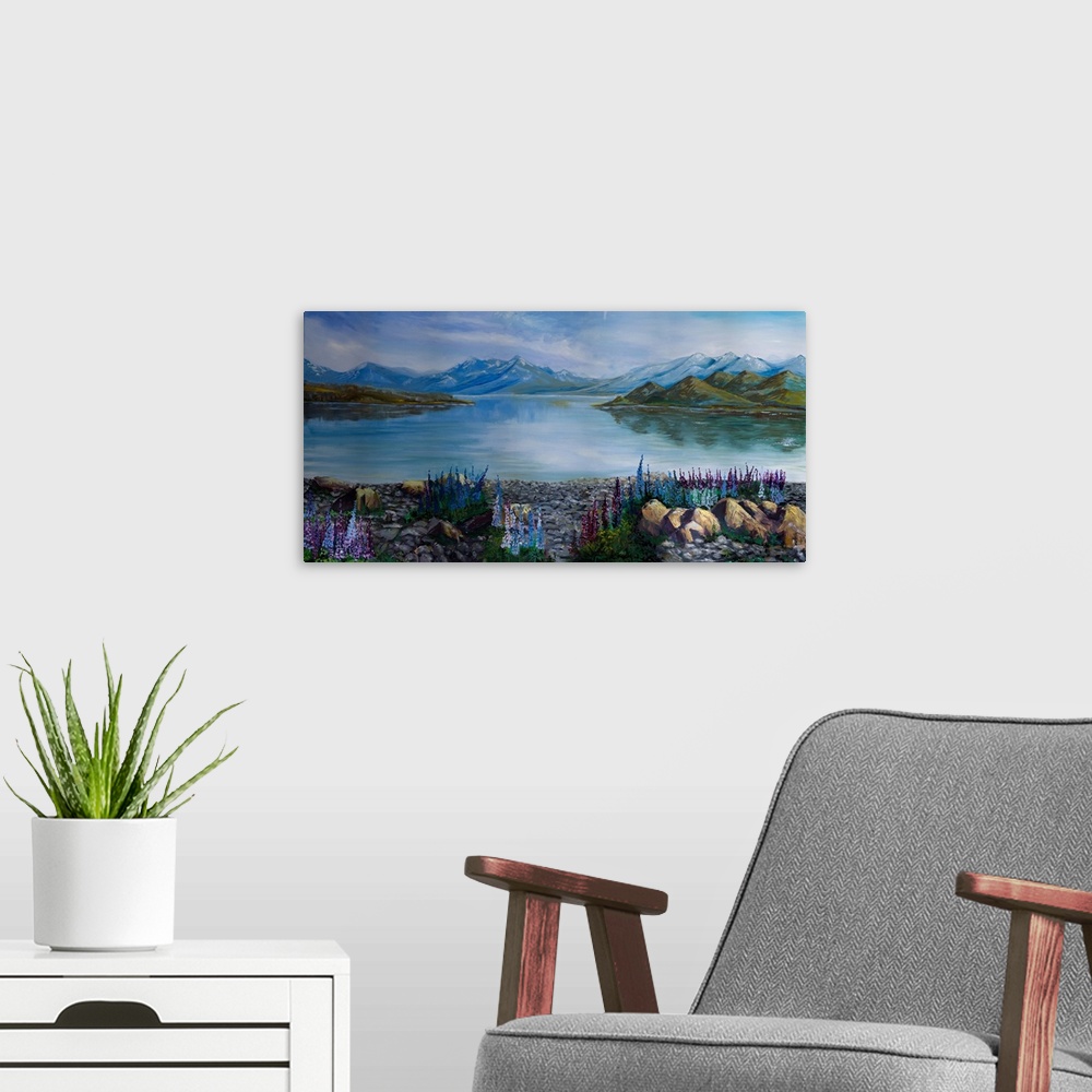 A modern room featuring Painting of the lupin fields around lake Tekapo, famous for its pristine beaches, picturesque mou...